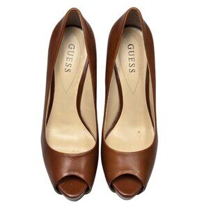 Guess Patches Peep Toe Platform Pump Womens 9M Brown Leather WGPATCHES3 Good